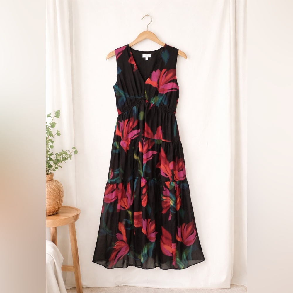 Robbie Bee Empire waist sleeveless Wedding Guest midi dress black floral size 12